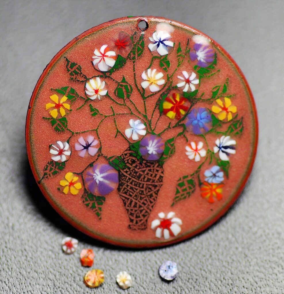 Mixed color floral wafers used as enamel accents on copper jewelry