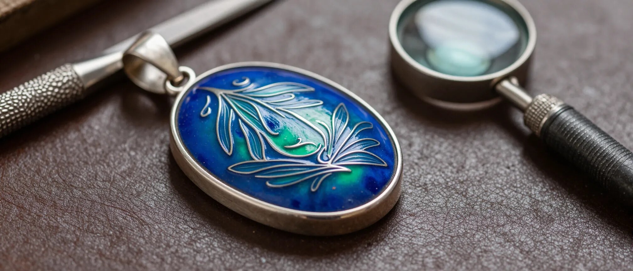Basse-taille enamel pendant: transparent blue and green enamel fired over an engraved low-relief leaf pattern in silver, with engraving tools beside it