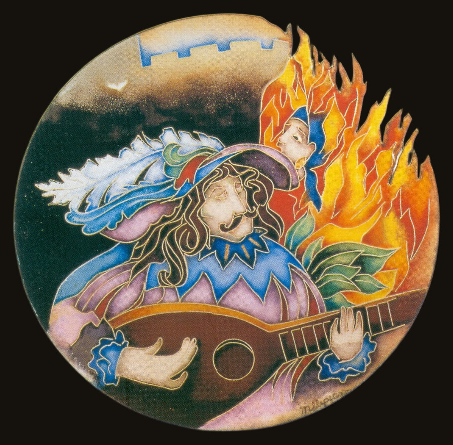 Cloisonne enamel wall hanging by Marian Slepian, Opera Il Trovatore: a round plate with a lute player and flames outlined in fine metal wires and filled with colored enamel