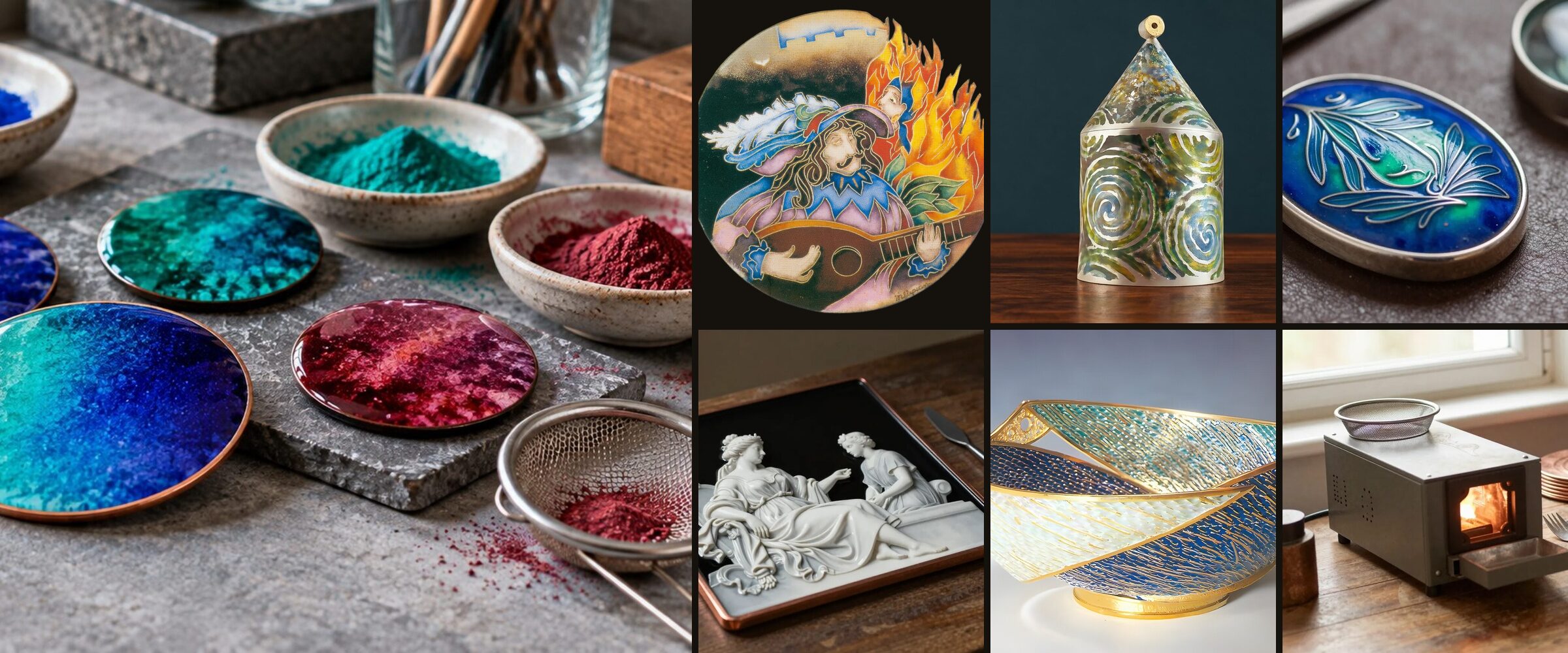 Collage of enameling: bowls of vitreous enamel powder with fired copper discs, a cloisonné wall hanging, a champlevé memory box, a basse-taille pendant, a grisaille plaque, a plique-à-jour bowl and a small Hot Shot kiln
