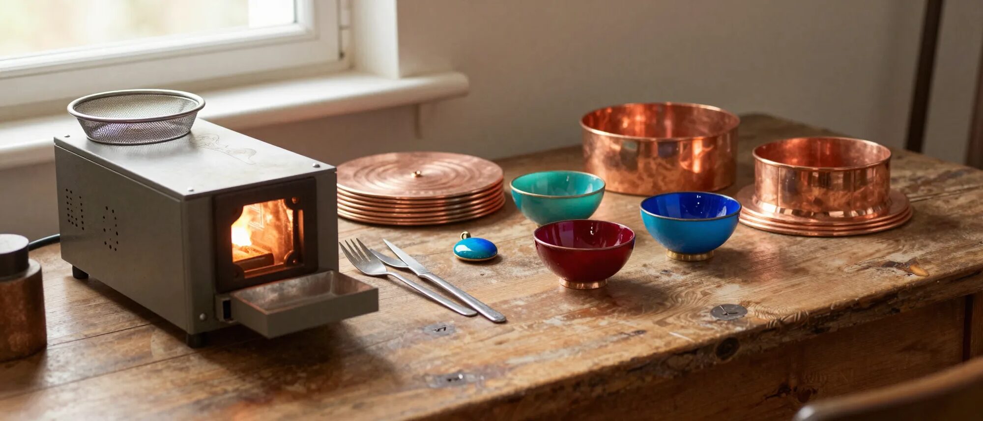 Enameling workshop bench with a lit kiln, sifter, copper discs and finished enameled copper bowls in turquoise, red and blue