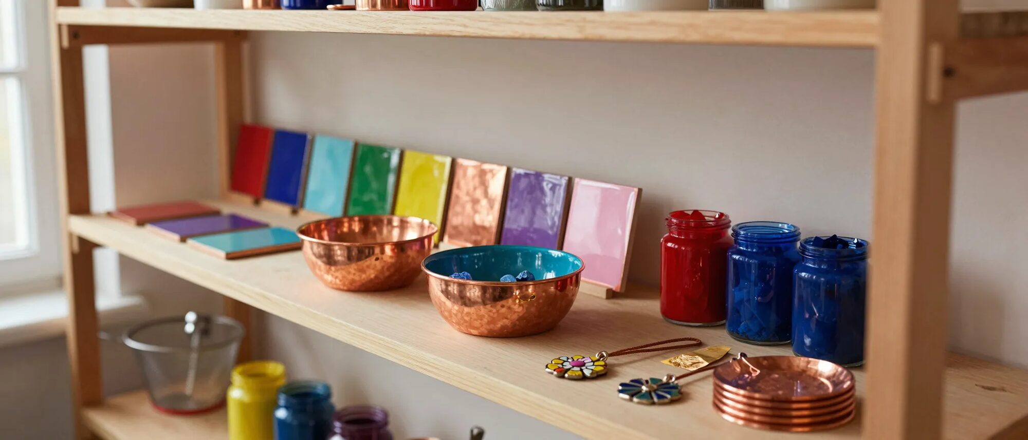 Enameling studio shelf: fired enamel sample tiles in jewel colors, hand-spun copper bowls, jars of lump enamel, enameled floral wafers and pendants, copper discs and gold foil