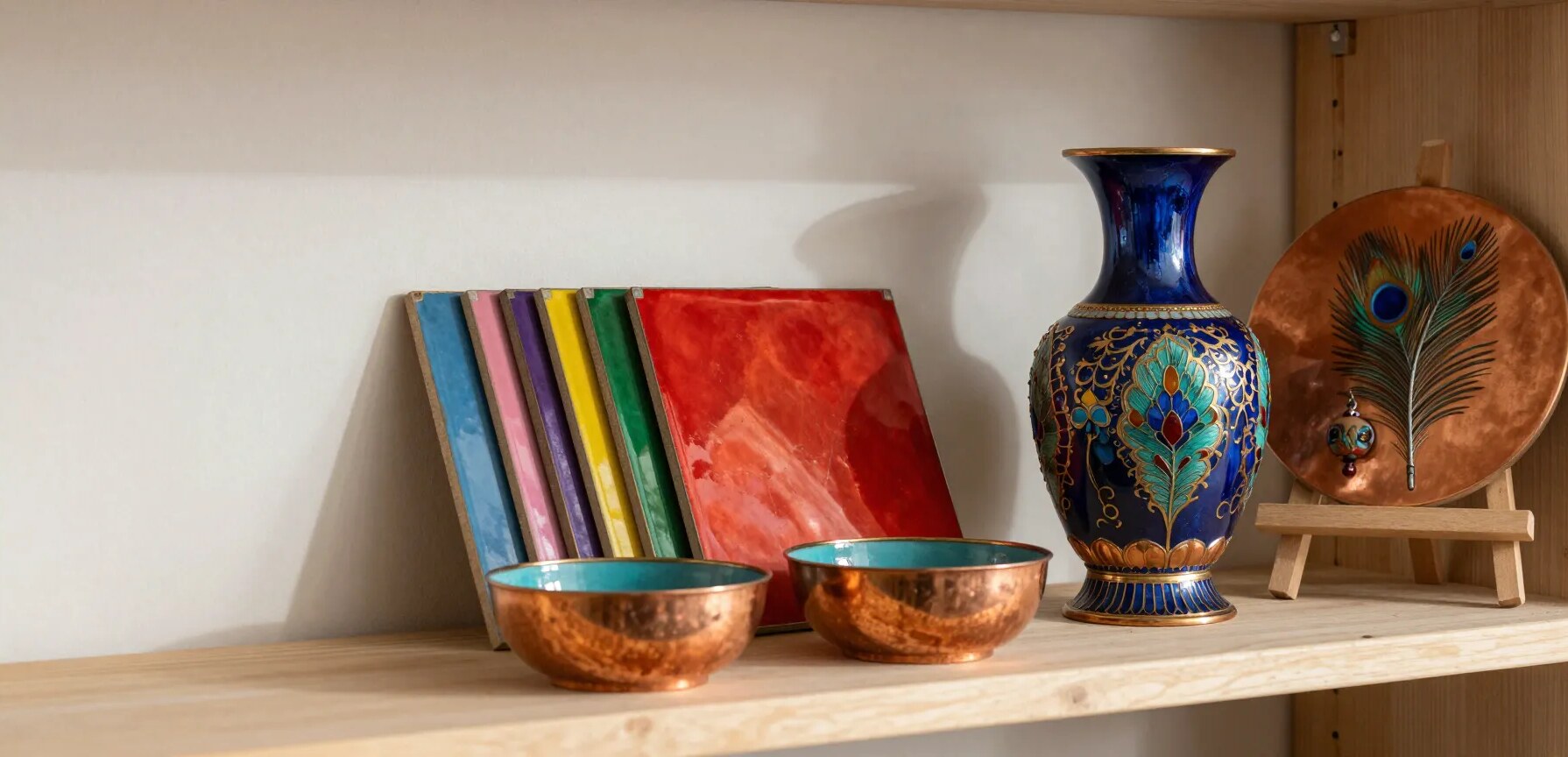 Enameling studio shelf: fired vitreous enamel sample tiles in jewel colors, hand-spun copper bowls with turquoise enamel interiors, a cloisonne enamel vase and a peacock-feather enamel plate on a small easel