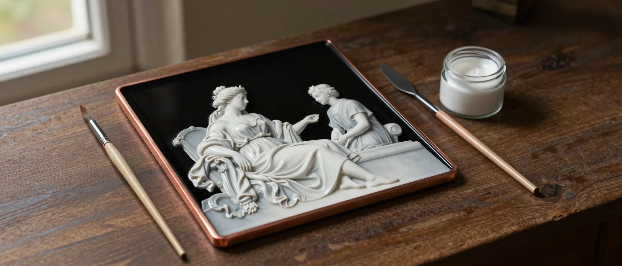 Grisaille enamel plaque: a classical figure scene painted in layers of white enamel over a black enamel ground, with a sable brush and a jar of white enamel powder on the workbench
