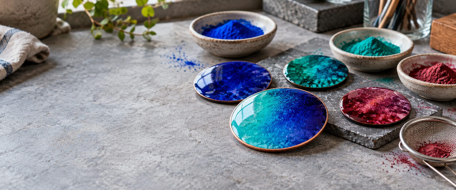 Illustration of colorful vitreous enamel samples on copper beside bowls of enamel powder on a workbench